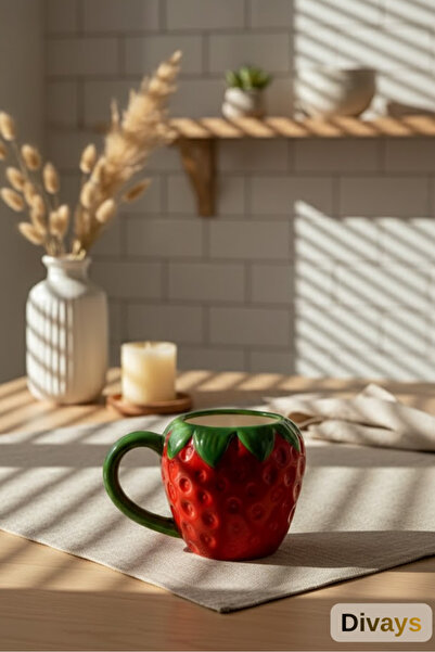 DİVAYS El Yapımı Büyük Boy Seramik Çilek Tasarım Mug Kupa Fincan Kahve Kupası