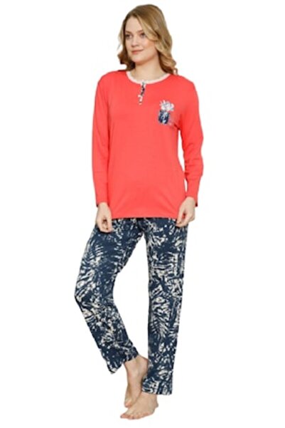 pamuklu - Women's 2-piece pajama set, red long-sleeve top, long black pants with white, 2XL