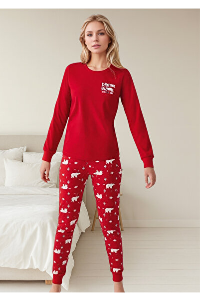 Loule Women's Red “Dream Big Little One” 100% Cotton Fleece Bear Pattern Pajama Set