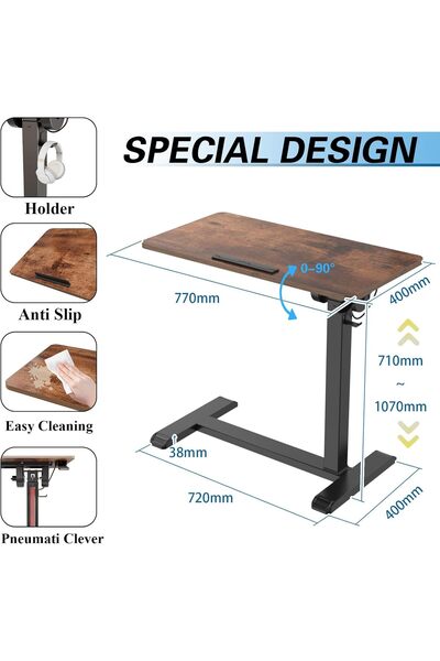 Generic ETHU Overbed Table 71–107cm Adjustable Laptop Desk with Wheels, Tilting Sit-Stand Desk Cart - Wood