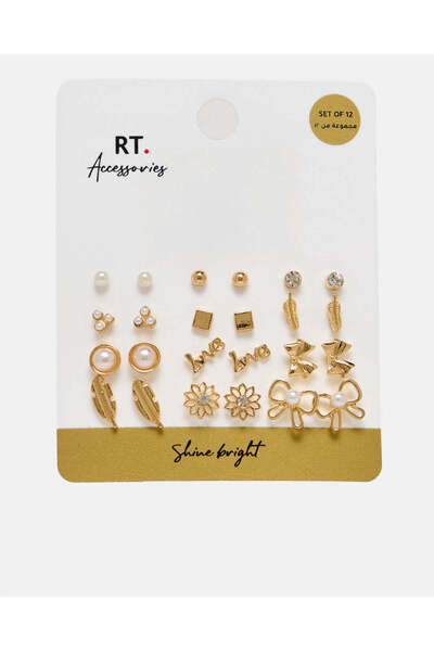 REDTAG مجموعة أقراط نسائية مرصعة بالذهب (12 قطعة)