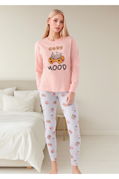 Loule Women's Powder “Cozy Mood” Printed 100% Cotton Long Sleeve Pajamas Set