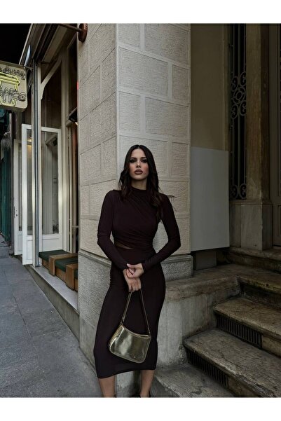 SHEYMA Stretchy Sandy Fabric Tulle Low-Cut Detail Mock Neck Long Sleeve Midi Length Brown Pencil Dress 583154