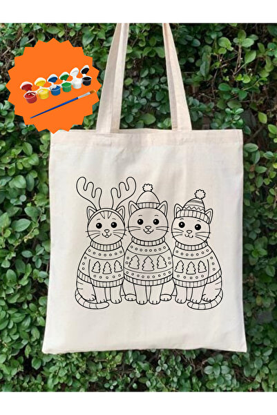 Cemira Yılbaşı Kedili Tasarım Boyama Seti – 6’lı Akrilik Boya + Fırça + Çanta