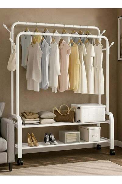 AGD منظم ملابس معدني مع عجلات، رفين، 110×57×150 سم، أبيض