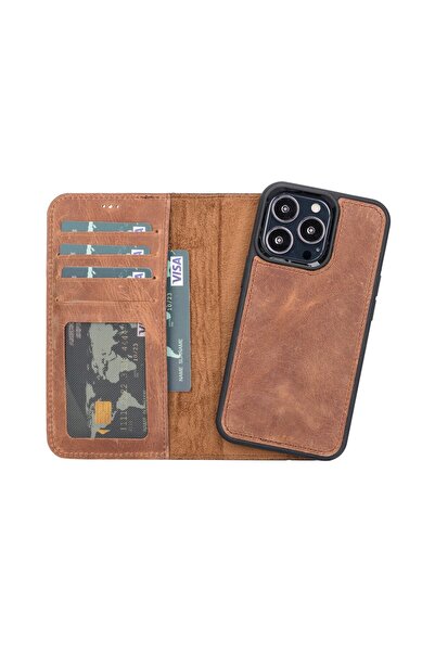 PLM Apple iPhone 13 Pro Compatible Leather Wallet Case G2 Brown