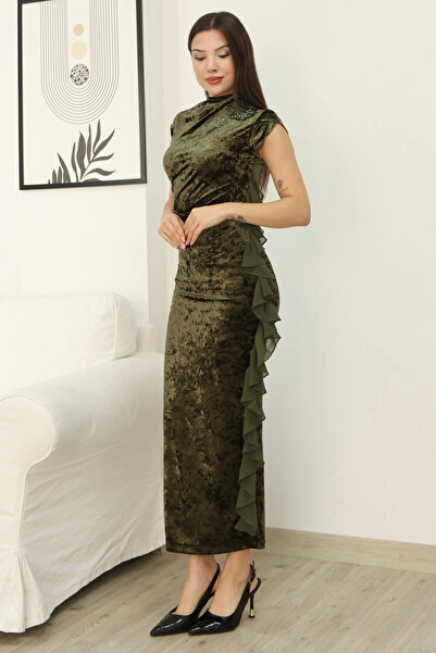 lodmela Velvet Evening Dress with Floral Brooch and Ruffle Detail 6062-Khaki