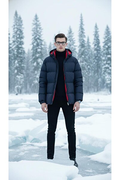 Plus Scorpion Navy blue puffer jacket with a hood, red lining, wind-resistant, ideal for winter.