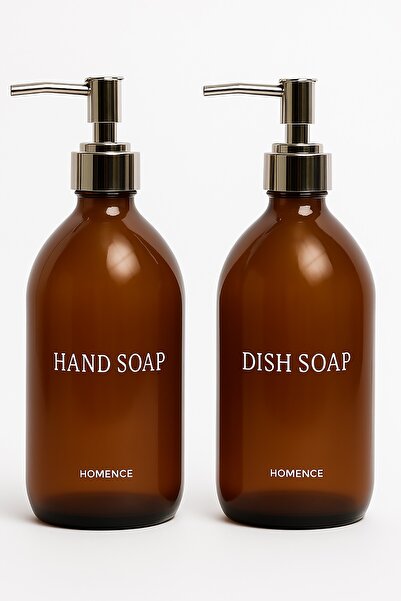 homence 2’li Amber Cam Sıvı Sabun Bulaşık Deterjanı Şişesi Silver Kapaklı Sab...
