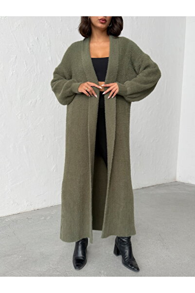 BEJNA Women's Khaki Soft Textured Long Knitwear Cardigan