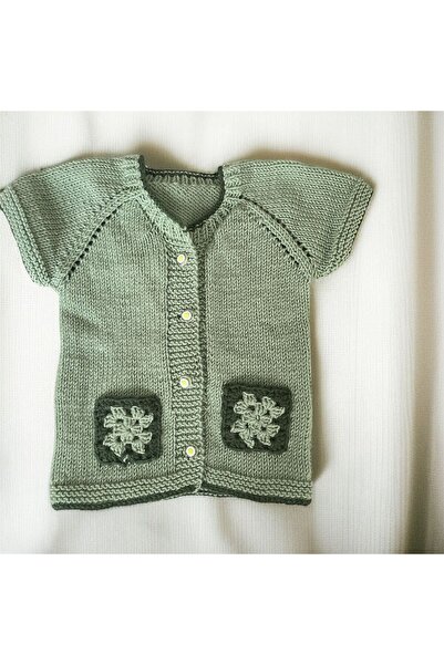 The Cloudish Shop Baby Hand Knitted Vest Green Crochet Motif with Pockets 12-...