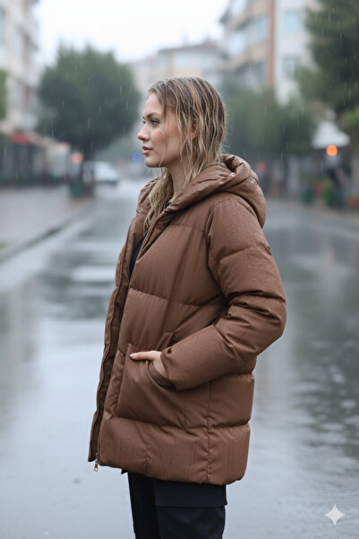 İpli Γυναικείο πουπουλένιο παλτό – oversized , Με μπροστινή τσέπη, Αντιανεμικό, Χειμερινό με κουκούλα