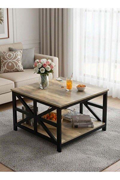 AGD Two-Tier Square Coffee Table, Rustic Living Room Center Table, 70x45 cm, Gray
