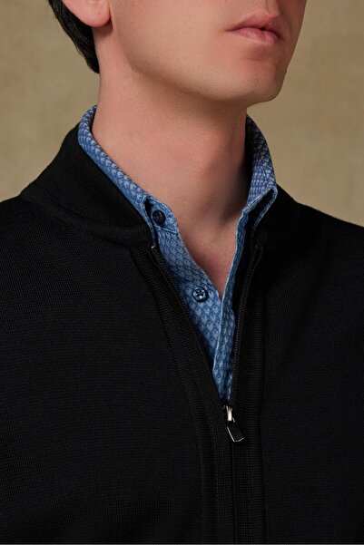 Abbate Forte Knitted Fabric Wool Modern Fit Black Mock Neck Men's Plain Knitwear