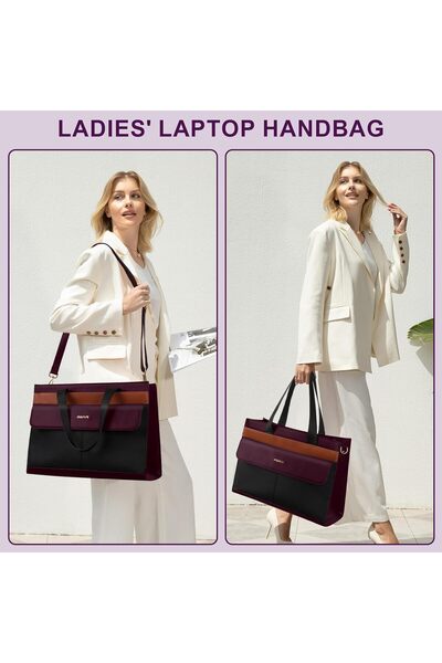Mosiso 15.6" PU Leather Laptop Tote Bag for Women with Flapover Pocket & Clutch, Plum