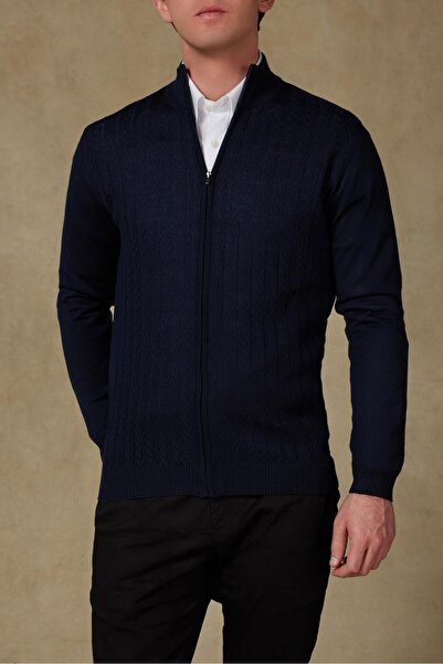 Abbate Seta Knitted Fabric Wool Modern Fit Navy Blue Mock Neck Men's Patterned Knitwear