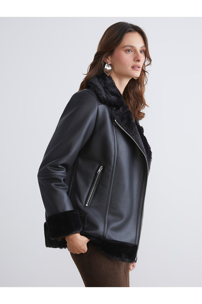LC Waikiki Vision Black Fur Collar Women's Leather-Look Coat