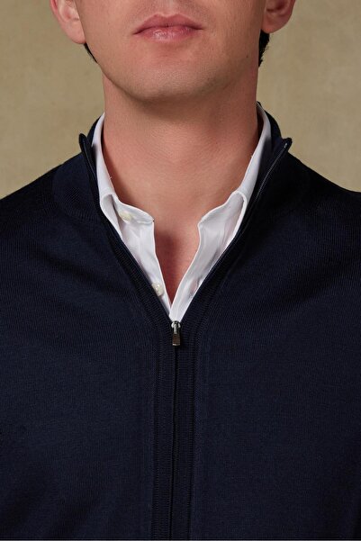 Abbate Seta Knitted Fabric Wool Modern Fit Navy Blue Mock Neck Men's Plain Knitwear