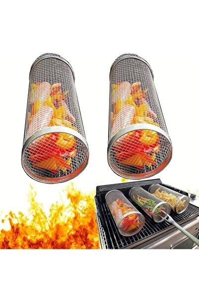 Arabest سلة شواء دوارة من قطعتين، سلة شواء محمولة من الفولاذ المقاوم للصدأ، أ...