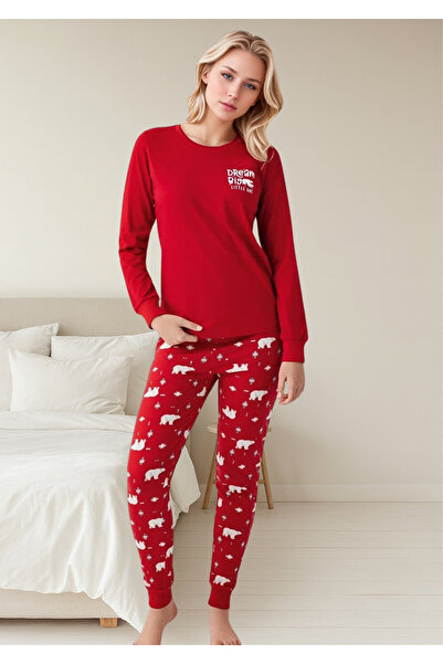 Loule Women's Red “Dream Big Little One” 100% Cotton Fleece Bear Pattern Pajama Set