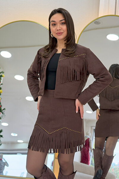 zks grup tekstil Women's Tassel Jacket Skirt Two-Piece Suede Set Brown, Black, Tan