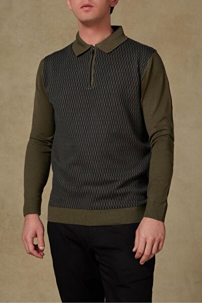 Abbate Claro Knitted Fabric Cotton Blend Modern Fit Khaki Polo Collar Men's Patterned Knitwear