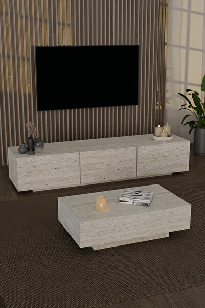 webotto 8 Almad Led Işıklı Tv Ünitesi ve Led Işıklı Dikdörtgen Orta Sehpa Takımı Modern Tasarım Traverten