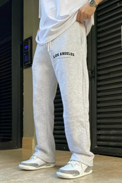 EydaMoon Ανδρικό χειμερινό φαρδύ βαμβακερό και μάλλινο παντελόνι Los Angeles με τύπωμα με φαρδιά πόδια με πλαϊνές τσέπες