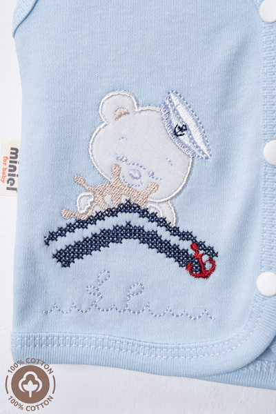 Miniel Baby Boy Captain Teddy Bear Embroidered Organic Cotton 3-6-9 Months 2-Piece Combed Cotton Baby Vest