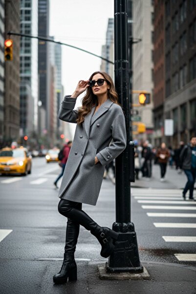 Bolivente Gray Double-Breasted Collar Button Detailed Cashmere Coat