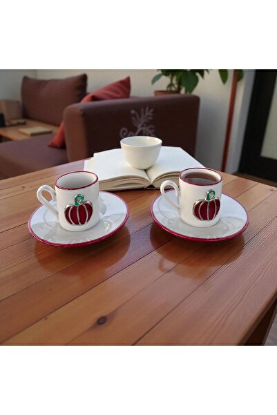homeınn Pumpkin Patterned 2-Piece Coffee Cup Set – Stylish Presentation, Gift, Decorative, Ceramic
