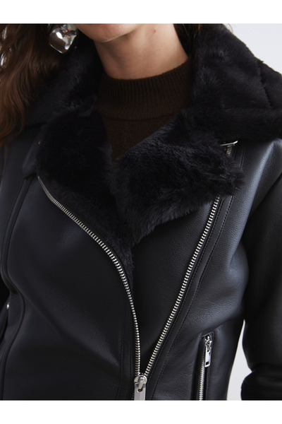 LC Waikiki Vision Black Fur Collar Women's Leather-Look Coat