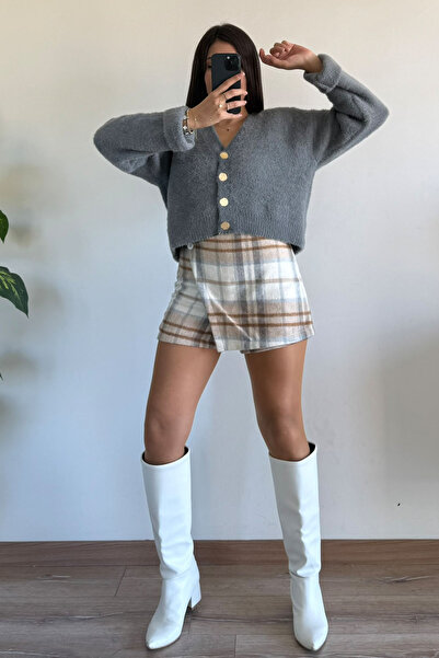 CİDDE Women's Soft Bearded Blue V-Neck Four Button Cardigan