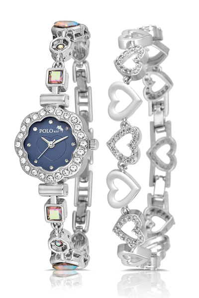 Polo Air Heart Dial Women Wristwatch Heart Bracelet Combination Silver Navy B...