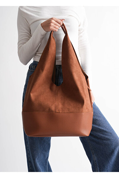 Venna Liva Kadın Taba/Kahve Süet Deri Büyük Hobo Omuz Çantası