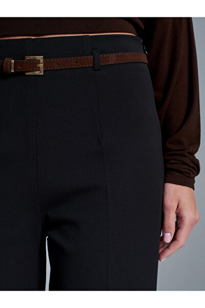 Dilvin 71276 Side Zippered Belted Fabric Trousers-Black