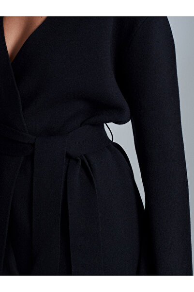 Dilvin 61002 Double-Breasted Belted Wool Blend Knitwear Cardigan-Black