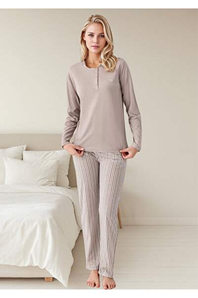 Loule Γυναικείο σετ πιτζάμες με ρίγες από 100% βαμβάκι με λεπτομέρεια με μισό κουμπί βιζόν