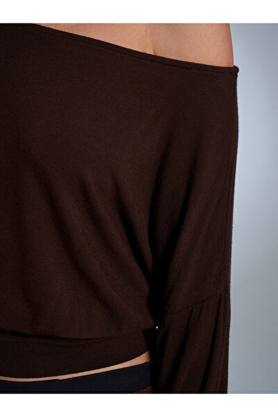Dilvin 32306 Wool Blend One Shoulder Top-Dark Brown