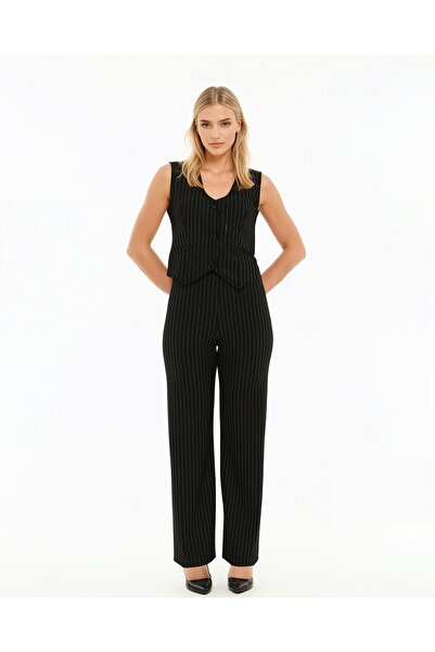 Lexsina Button-Front Striped Vest Pants Bottom Top Two-Piece Set
