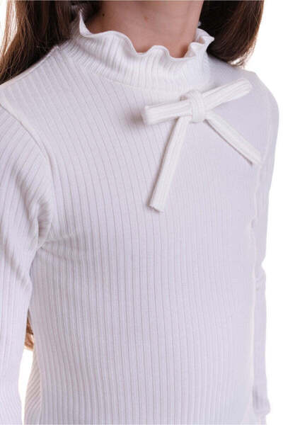 SOLLUXE KERENZA – Bluză din bumbac cu guler cu volane și fundă decorativă, alb, 140