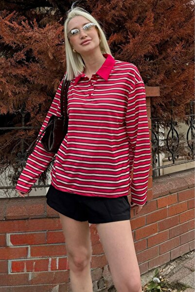 Madmext Red Striped Button Polo Neck Women's Long Sleeve T-Shirt Mg2574