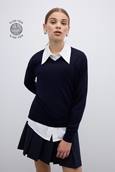 Roman %100 Yün V Yaka Triko Lacivert K2671035_015