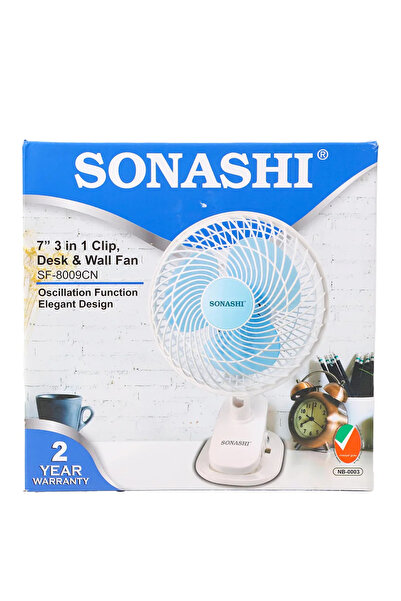 sonashi 7" 3 In 1 Clip Desk and Wall Electric Fan with Adjustable Head- White