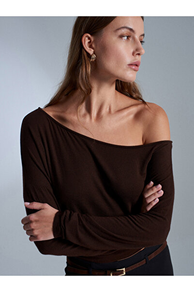 Dilvin 32306 Wool Blend One Shoulder Top-Dark Brown