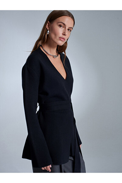 Dilvin 61002 Double-Breasted Belted Wool Blend Knitwear Cardigan-Black