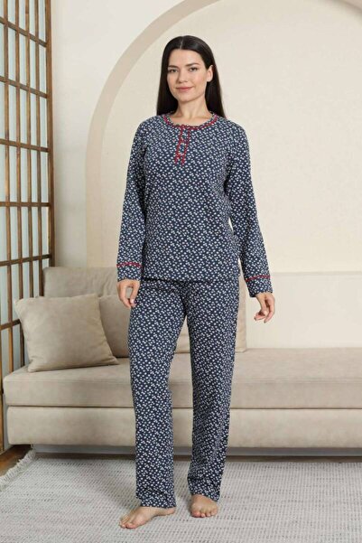 ALİMER Set pijamale pentru femei - albastru închis cu model de margarete cu mâneci lungi material elastic bumbac 2881UK