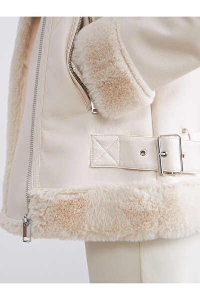 LC Waikiki Vision Ecru Fur Collar Women's Leather-Look Coat