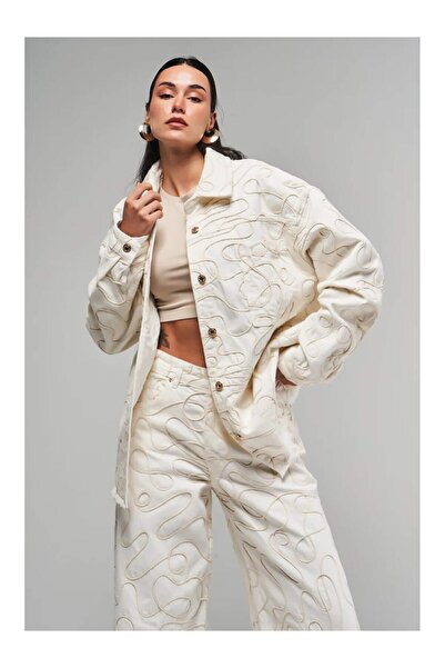 Coral İp Nakışlı Gabardin Ceket 3854 Beyaz