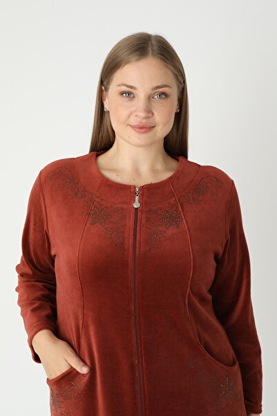 STELLETO Plus Size Collarless Zippered Stone Embroidered Long Sleeve Comfortable Winter Velvet Home Dress